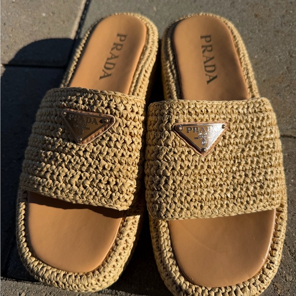 Prada Shoes - Prada Tan Woven Platform Slide Sandals